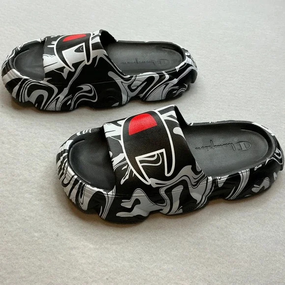 Champion IPO Warped Slides Black White Marble Swirl Sandals Mens Size 13 - Picture 4 of 14
